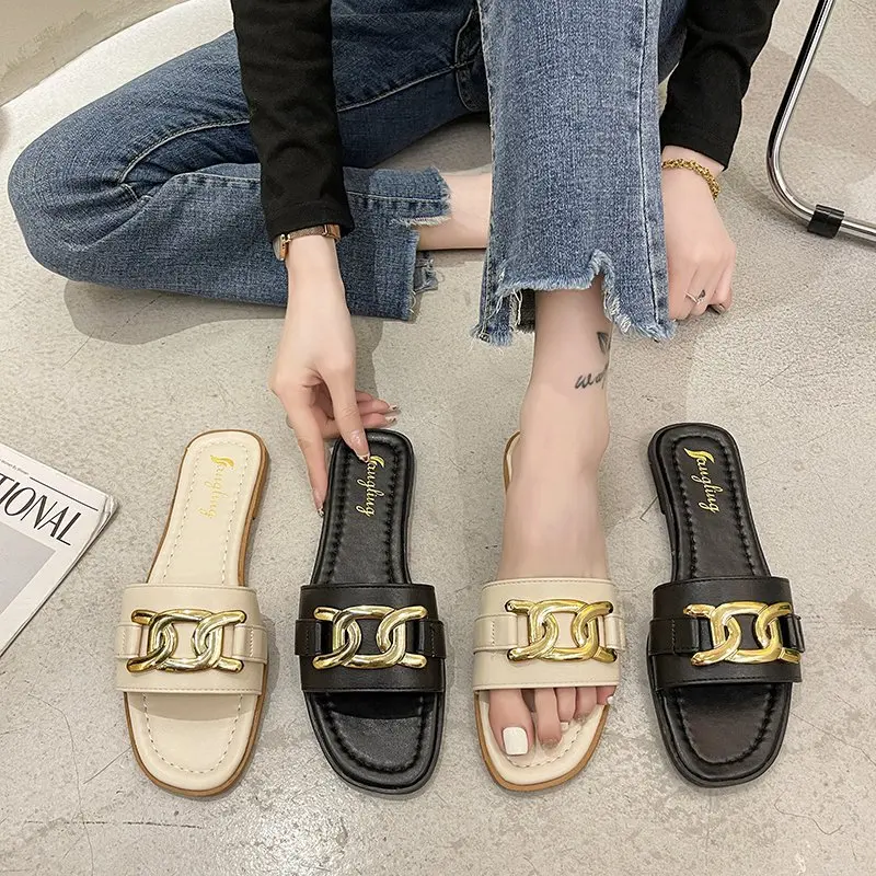 

Small fresh cool slippers for women to wear out the new fashion square head flat bottom comfortable fairy style in summer 2021
