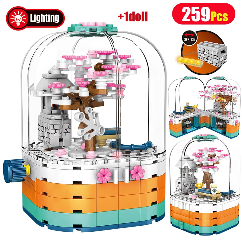

Creative Rotating Music Building Block Box Sakura Model LED Light Cherry Blossom Tree House Bricks Toys for Girls
