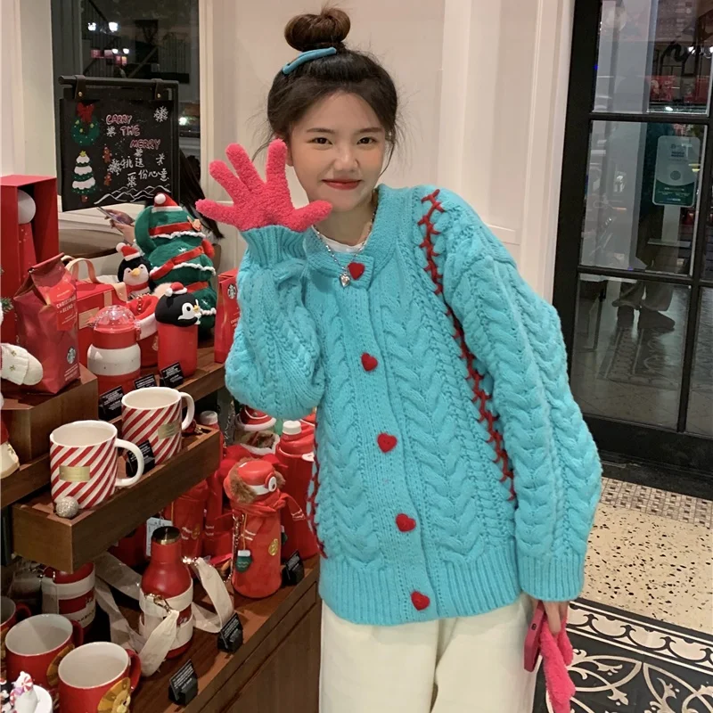 

Korean Winter Sweet Soft Girl Heart-shaped Single-breasted Buttons Cardigan Vintage O-Neck Twist Full Sleeve Knitting Sweater
