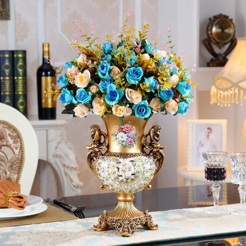 

European Luxury Diamond Resin Vase Figurines Decoration Home Livingroom Fake Flower Arrangement Art Office Desk Ornaments Crafts