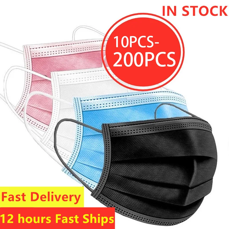 

10/50/100/200pcs Disposable Masks Non-Woven Face Masks 3 layer Ply Filter Anti Dust Breathable Adult Mouth Mask Black IN STOCK