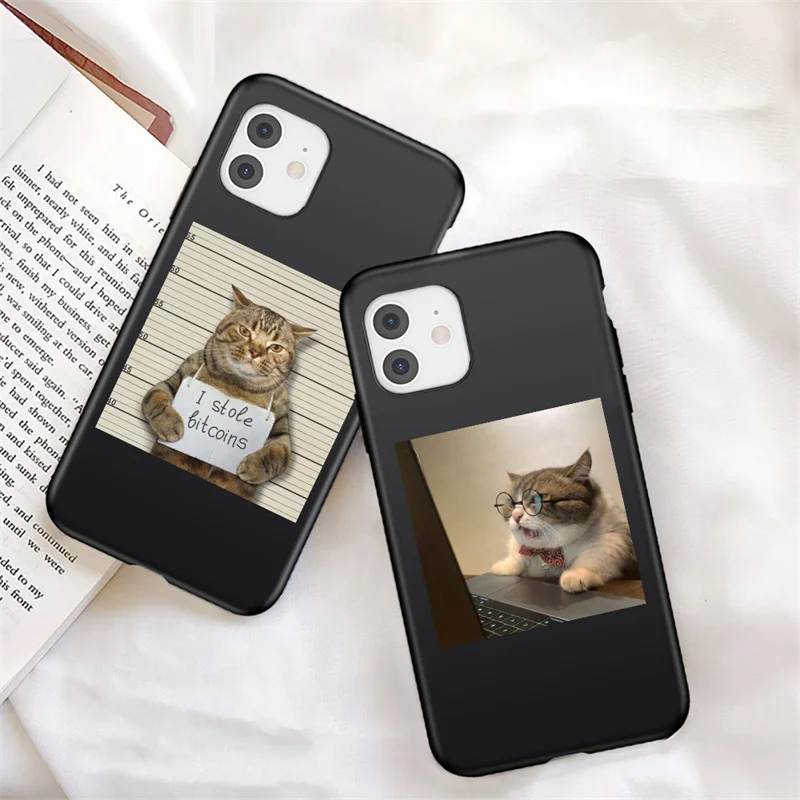 For iPhone 11 12 13 14Pro Max Cute Funny Animal Pattern Black Phone Case XR 12 13 Mini XS Max X 7 8 Plus Soft Cartoon Back Cover