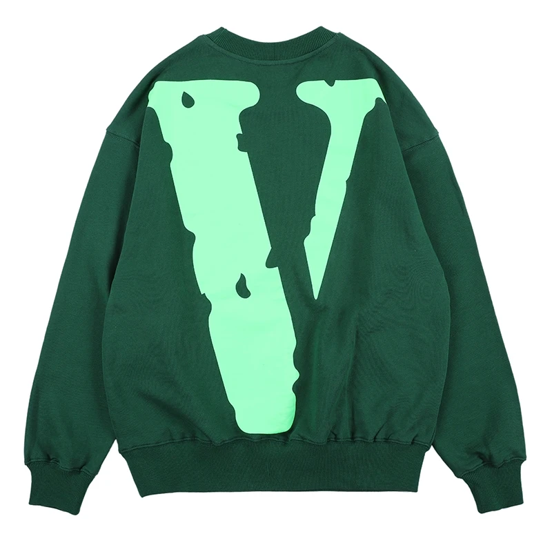 

Tide Brand Vlone 20ss Big V Letter Printing Loose BF Wind Casual Round Neck Green Pullover Sweater for Teenagers