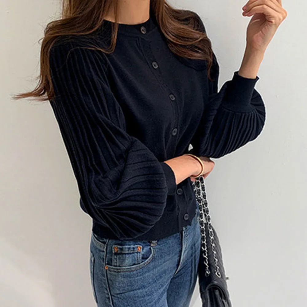 Женский трикотажный кардиган с рукавами фонариками элегантный однотонный