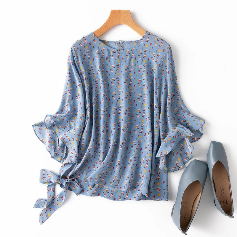 

SHUCHAN Print Blouse Women Natural Silk Print Prairie Chic Butterfly Sleeve Three Quarter Women Shirts Blouses O-Neck