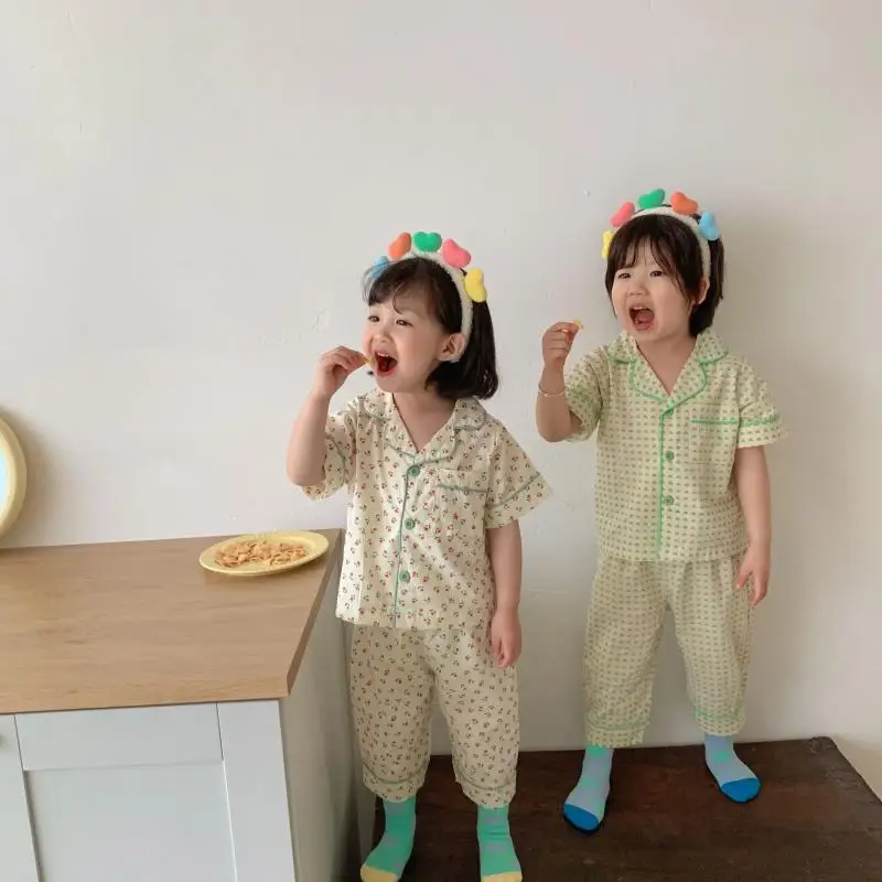 

2021 Summer Children Pajamas with Bear Plaid Print Kids Suit Boys Girls Casual Cotton Sleepwear Sets Child Coming Home Outfits