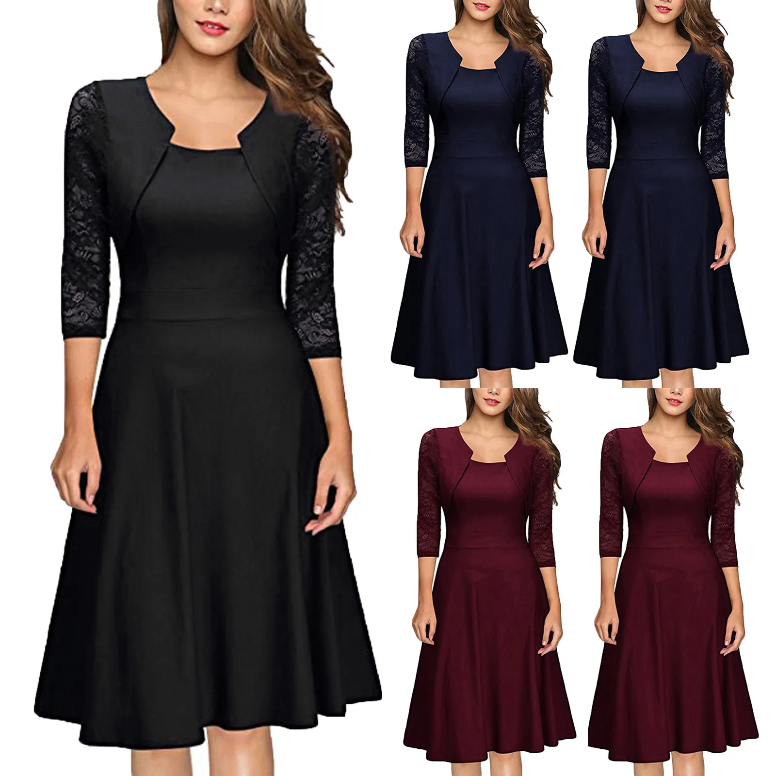 

Dresses For Women 2021 Fashion Sexy Women Dress Black Patchwork Skull Lace Splicing 3/4 Sleeve Vintage Party Dress Vestidos