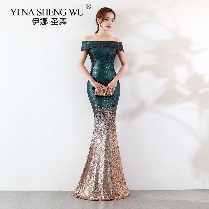 

Женское длинное платье-русалка, с открытыми плечами, с блестками