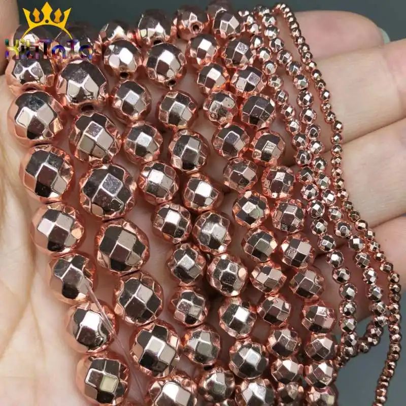 Натуральные граненые бусины из гематита цвета розового золота круглые