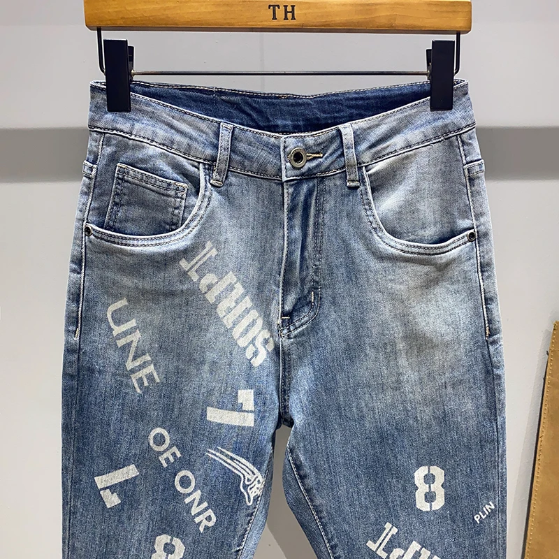 Мужские облегающие джинсы синие эластичные бриджи в стиле High Street модные