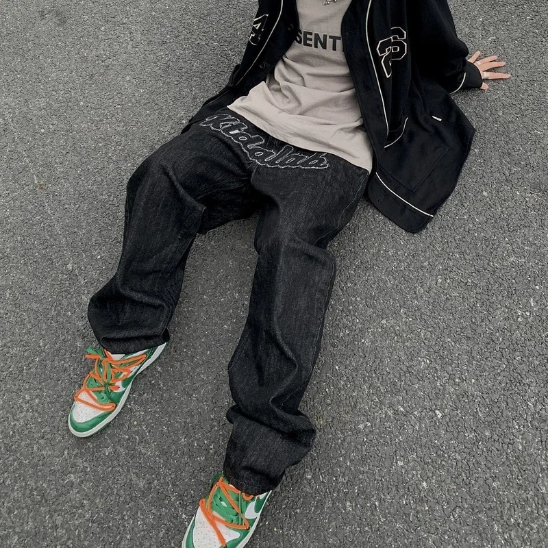 Джинсы мужские с вышивкой крупная саржа прямые повседневные свободные