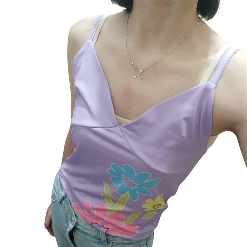 

2021 Summer Casual Ladies Sexy Crop Cami Tops Women Sleeveless Spaghetti Strap Deep V-Neck Flower Pattern Camisole