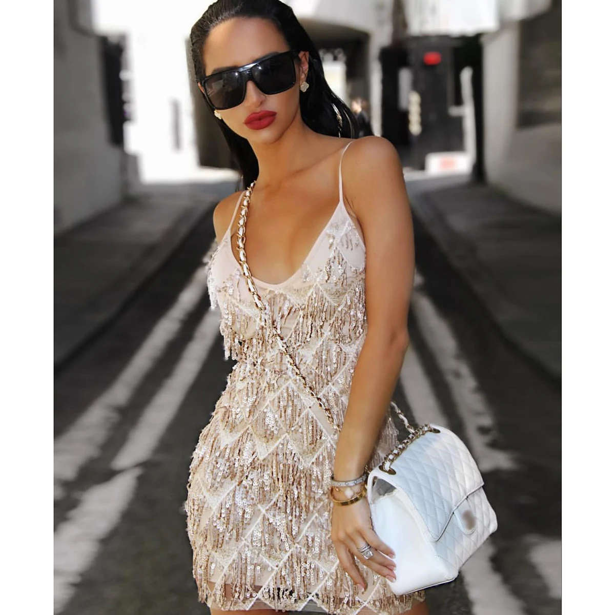 

Dresses Women 2021 Sexy V-neck Halter Shining Sequined Fringe Dress Party Dress Mini Vintage Ladies Prom Dresses