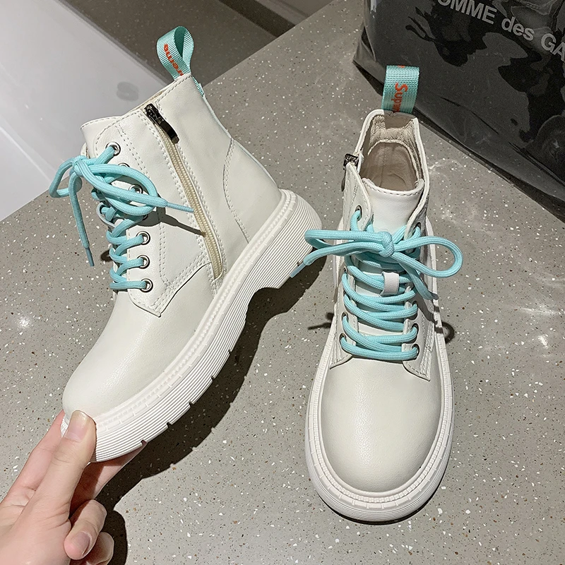 

Motorcycle Boots Women 2021 Autumn New candy color flats High Tops Sneakers lace up British style short tube net red Ankle boots