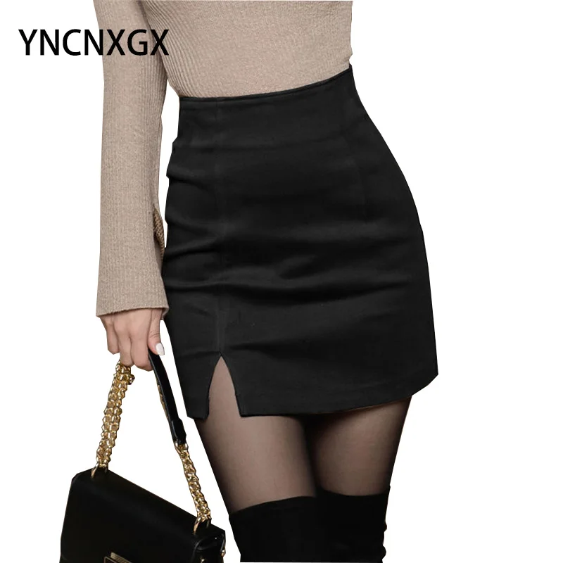 

Women's Skirt Black Woolen Skirt The New High Waist All-match Split Fork Hip Skirt One-step Skirt Mini Skirts Korean Style