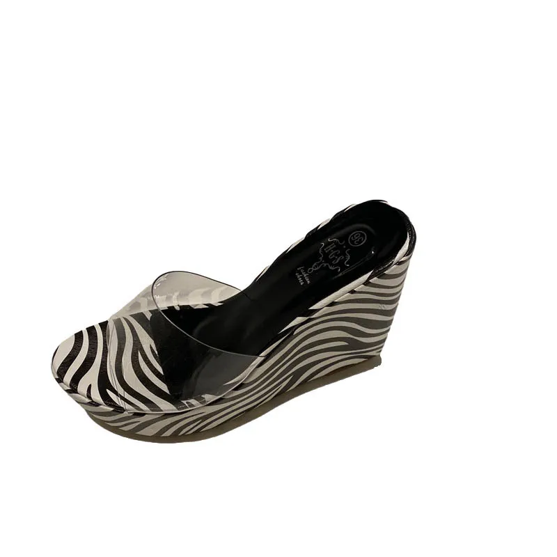 

Shoes Ladies' Slippers Women Heels Pantofle Peep Toe Jelly Slides Gingham Platform On A Wedge High 2021 Transparent Rome Striped
