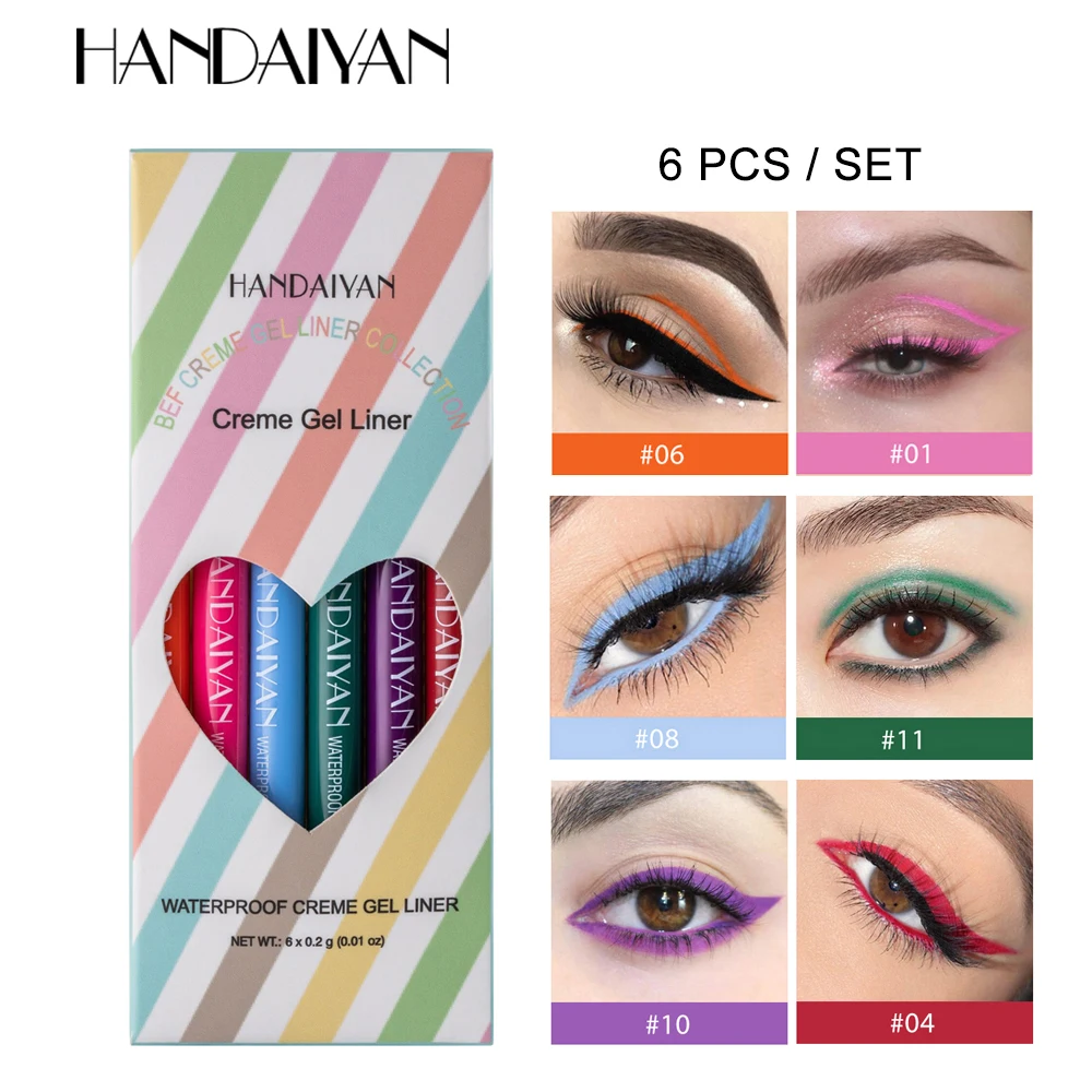 

HANDAIYAN Makeup Colored Eyeliner Gel Pencil Kit 6 Colors/box Waterproof Color White Eye Liner Pen Make up Cosmetics Yellow Blue