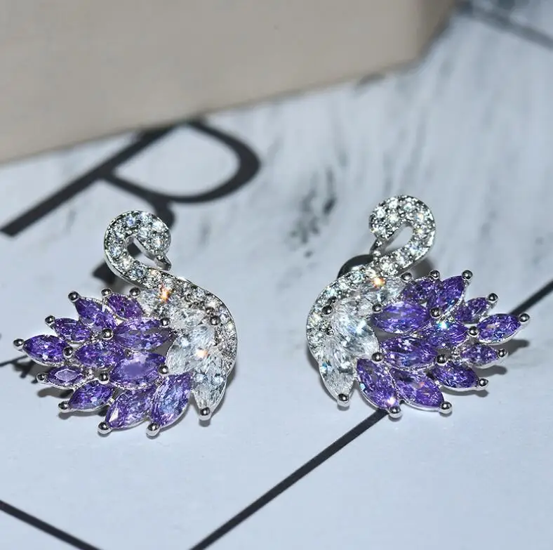 Purple Роскошный сверкающий Циркон Кристалл Ctue Лебедь серебряные серьги гвоздики для женщин девушек Богемия трендовые свадебные серьги бренд - Окраска металла: Purple