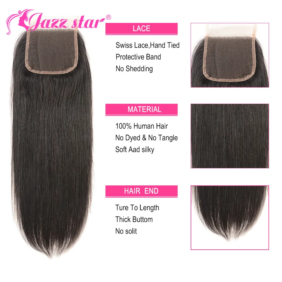 Перуанские прямые пряди волос с закрытием человеческие волосы 3 4*4 Кружева