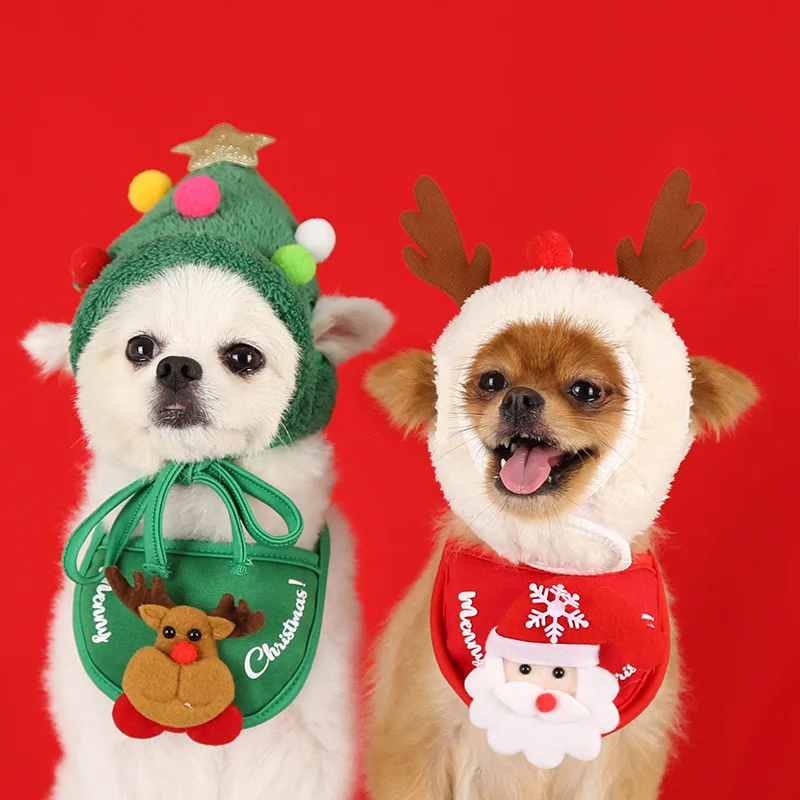 

Pet Christmas Hat Cute Antlers Saliva Towel Multicolored Balls Hat Dog Clothes Puppy Bib Dog Christmas Dress Up Supplies