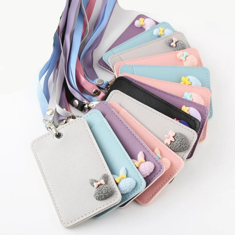 

Cartoon PU Leather Work Card Holder with Lanyard Rabbit Ear Girls Bus ID Tag Pass Card Case Badge Credit Card Holders Cover