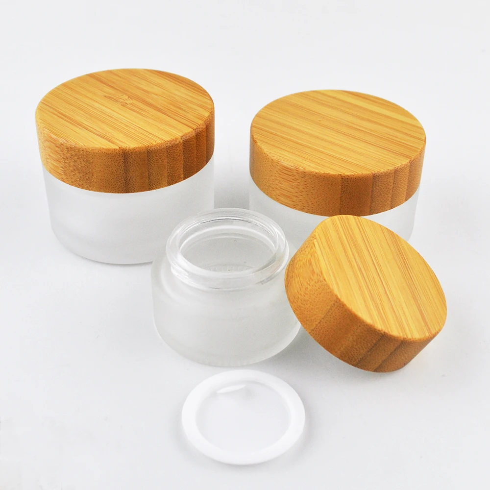 Engraving 105pcs 50g 30g Skin care cream eye cream Bamboo Lid Frosted Glass containers face Cream Jars Bamboo Cosmetic Package