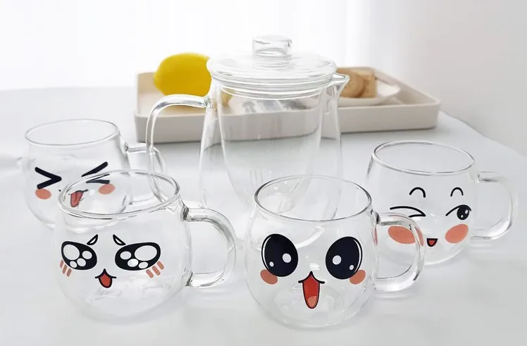 

4 Pieces Glass Cups Cute Transparent Coffee Mugs Milk Cup Funny Expression Drinking Glass Set with Kettle Kawaii Mugs Drinkware