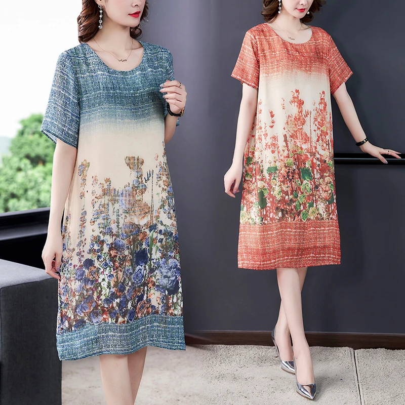 

Plus size middle-aged mother high-end retro printed silk dress short sleeve 2021new summer round neck loose home dress
