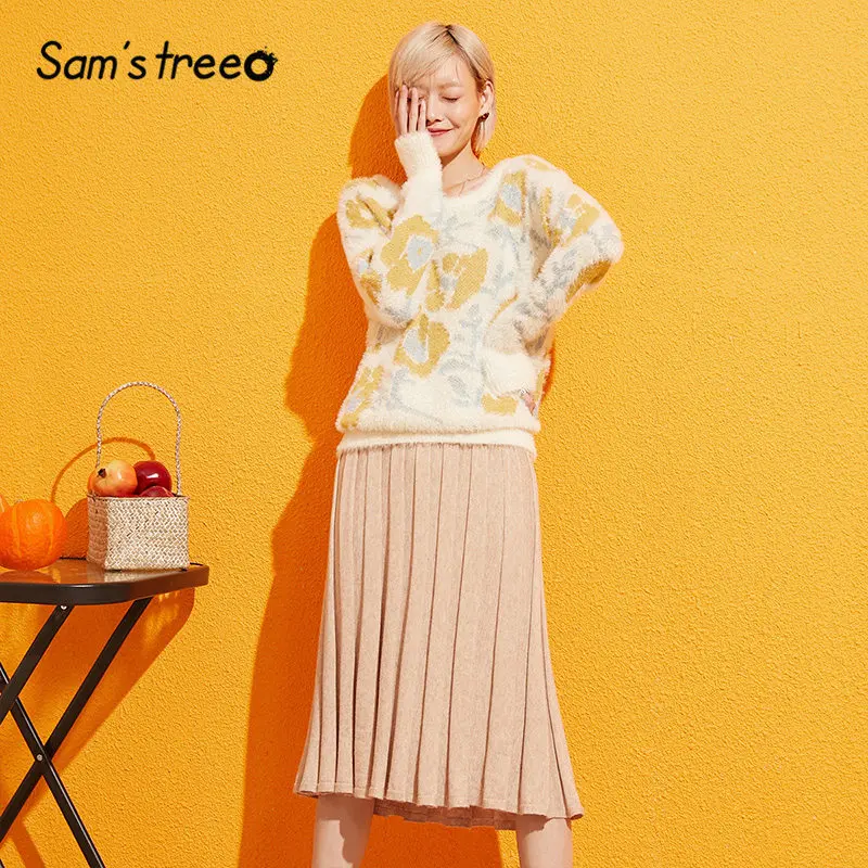 Samstree, абрикосовый цветочный свитер и юбка, женский корейский стиль, комплект из двух частей,, осенняя элегантная Офисная Женская одежда из 2 частей