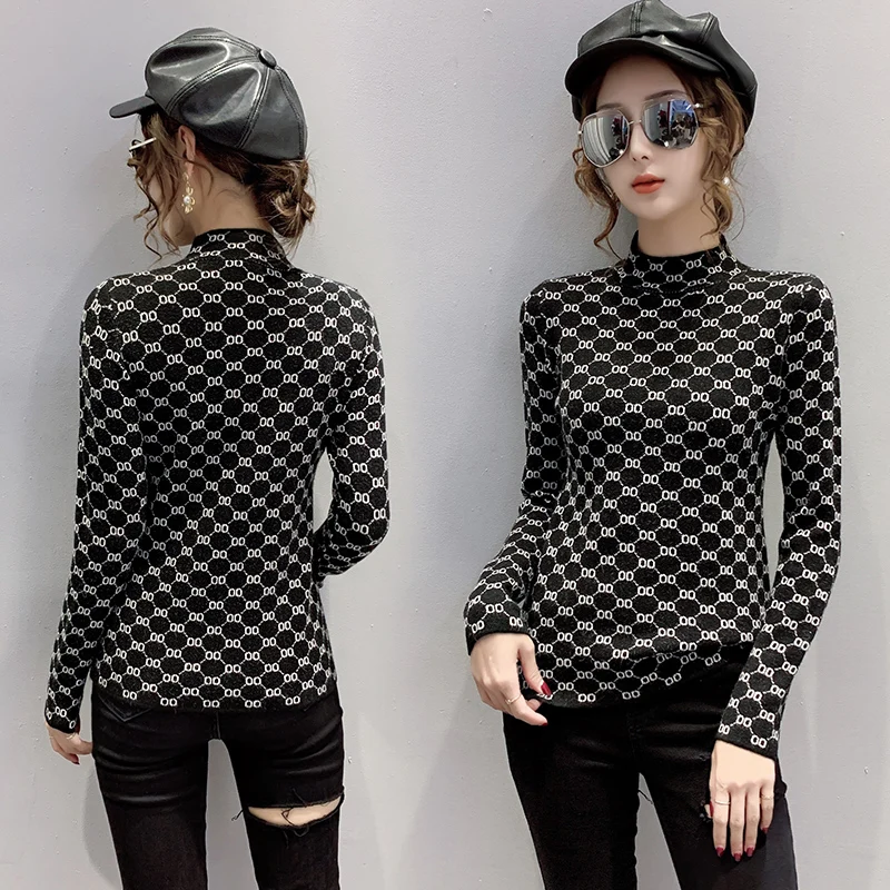 

Semi-high collar jacquard pullover sweater Women's Western style slim sweater autumn and winter New top inner base