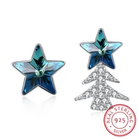 christmas star tree design luxury crystals stud earrings for women 925 sterling silver asymmetrical earrings