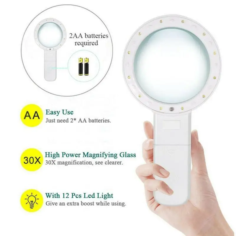 

30X Magnifying Glass Handheld Lighted Magnifier with Large Double Glass Lens Led Magnifiers for Seniors Reading