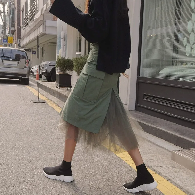 CHICEVER 2020 Лоскутная сетчатая миди юбка женская с разрезом и высокой талией Armygreen