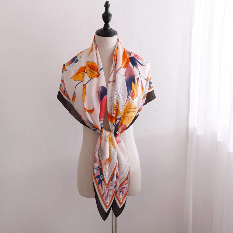 

Women Leaf Printed Elegant Travel Pashmina Shawl Hijab Twill Silk Bandana Handkerchief Wrap Big Size Square Silk Scarf 110 cm
