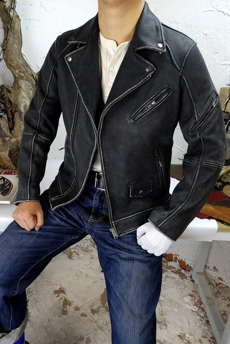 

Heavy 2.5kg Two-Color Tea Core Thick Old Leather Stonewashed Edge Retro American Retro Khaki Make Old Leather Coat