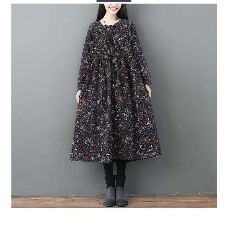 Винтажное весенне осеннее женское вельветовое платье со стоячим длинным рукавом