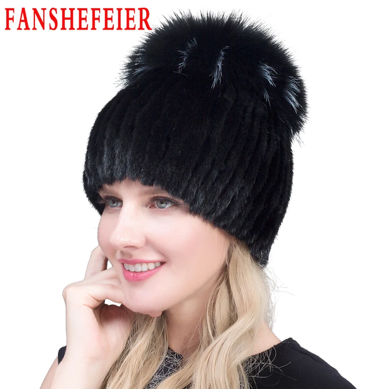 FANSHEFEIER женская меховая шапка зимняя натуральная норковая шапка с меховым помпоном из серебра лисы вязаные шапочки шапка новая распродажа меховые шапки