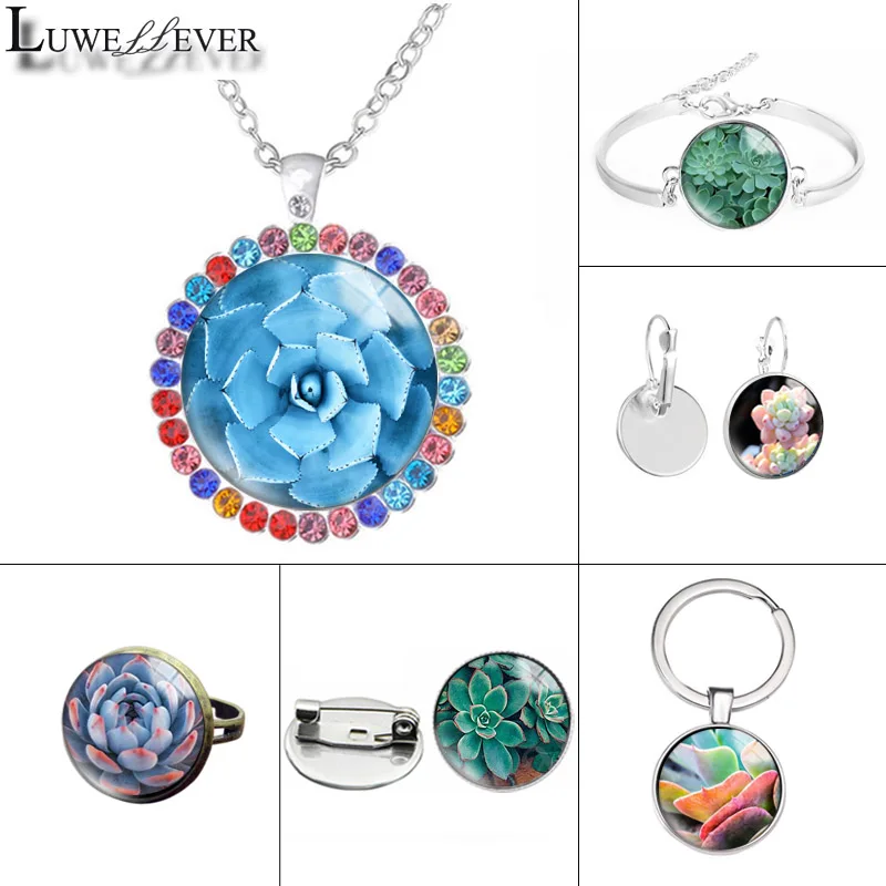 

New 601 Succulents Glass Necklace Bracelet 30mm 25mm Double Sided Round Glass Cabochon Jewelry For Unisex Charm Pendant