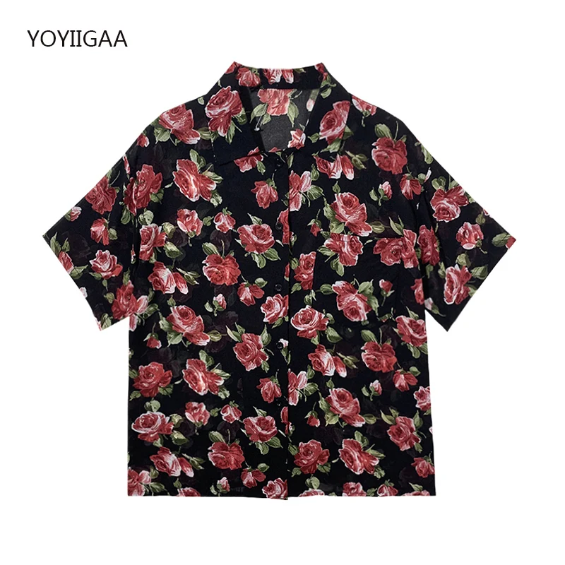 

Floral Printed Women Blouse Oversize Short Sleeve Female Shirts Tops Summer Harajuku Woman Blouses Button Up Ladies Shirts