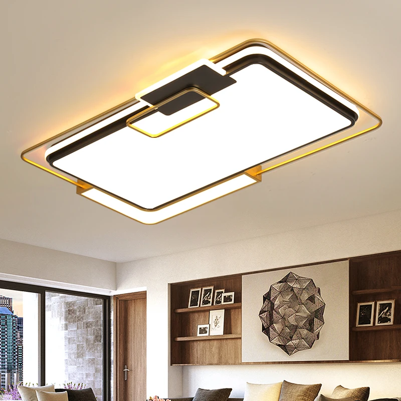 

Прямоугольная/квадратная современная светодиодная потолочная лампа для гостиной, кровати, кухни, лампа для потолка золотого и черного цвет...