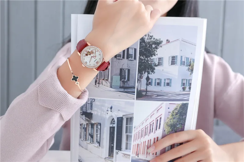 Relogio feminino, OUBAOER, автоматические механические часы для женщин, модные, стразы, полый дизайн, часы с кожаным ремешком, водонепроницаемые часы