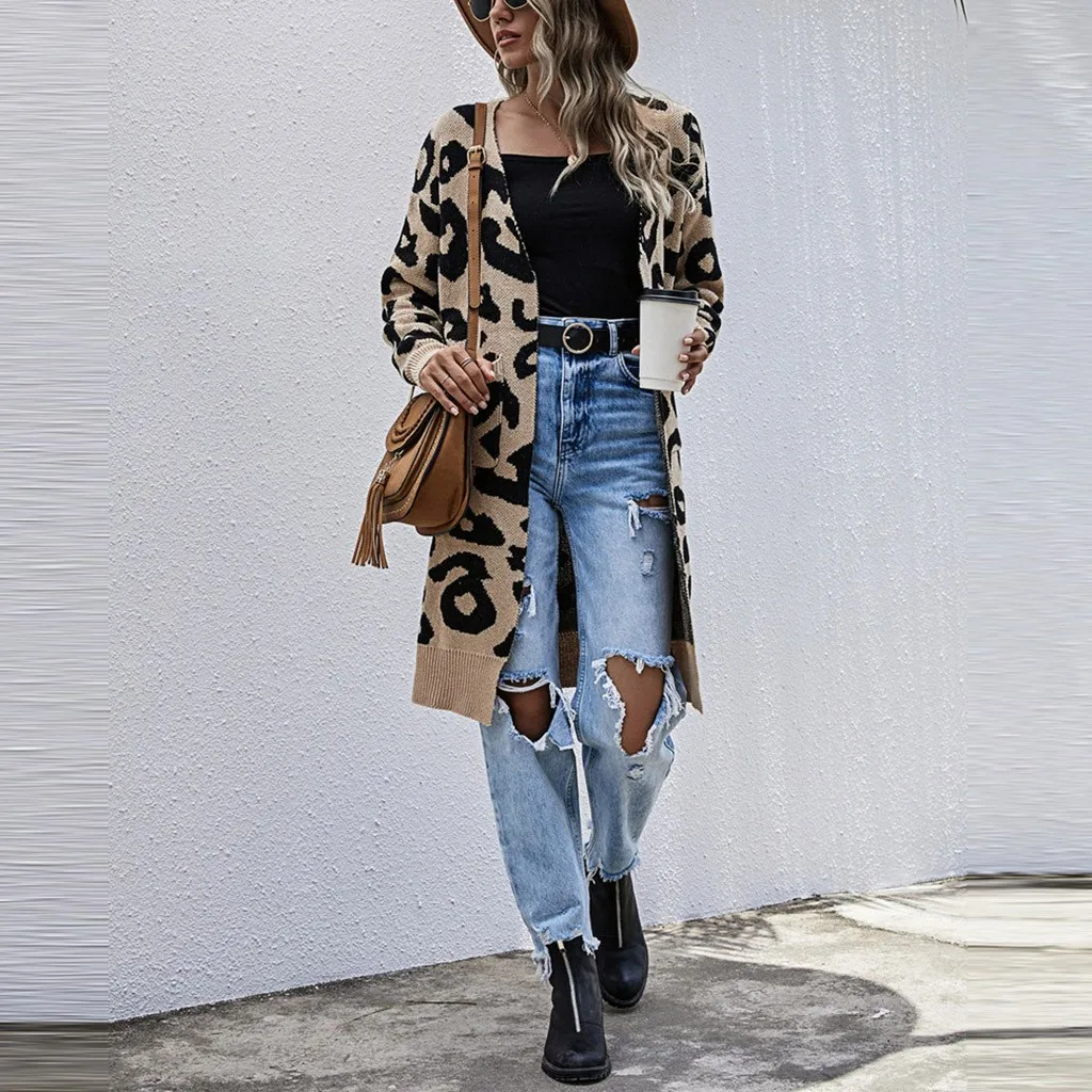 Кардиган женский длинный с V-образным вырезом и леопардовым принтом Осень-зима |