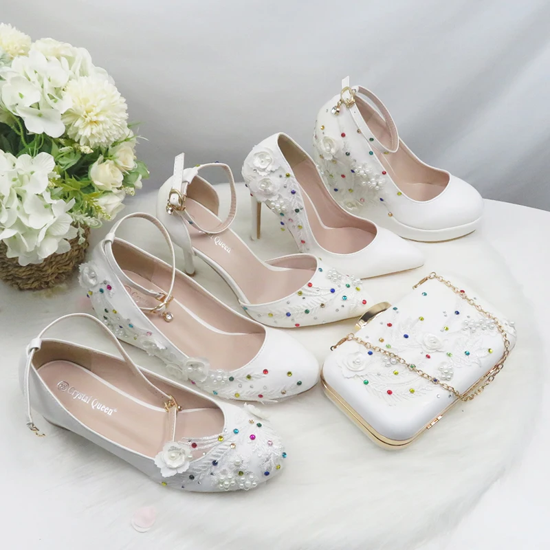 2021 BaoYaFang White Lace Flower Women Strap wedding shoes Bride Pointed Toe High Heel Party dress shoes and bag set High Shoes