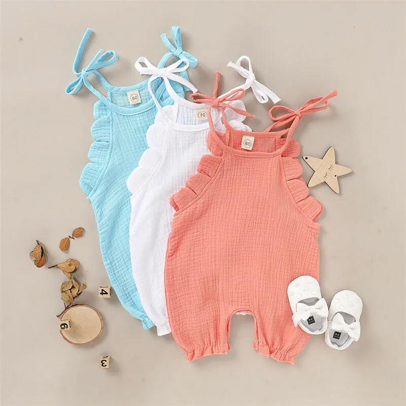 

Newborn Baby Girl Boy Solid Color Petal Shape Rompers Baby Girl Boy Sleeveless Sling Summer Jumpsuit Cotton Linen Jumpsuit 0-18M