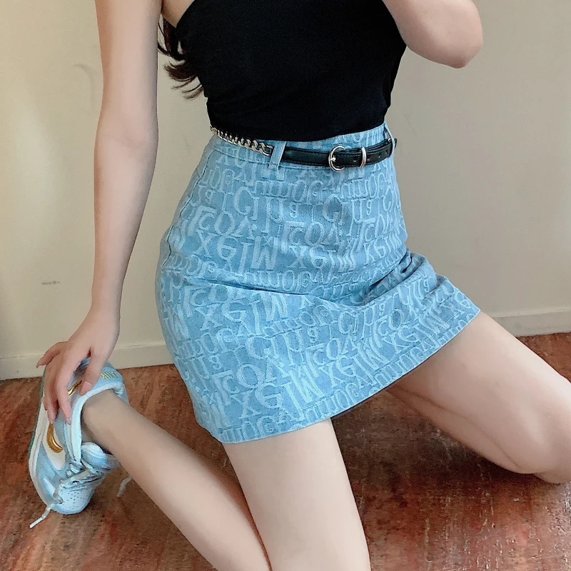 

Женская джинсовая юбка с высокой талией, короткая трапециевидная юбка в стиле ретро, элегантная джинсовая юбка с винтажным принтом букв и п...
