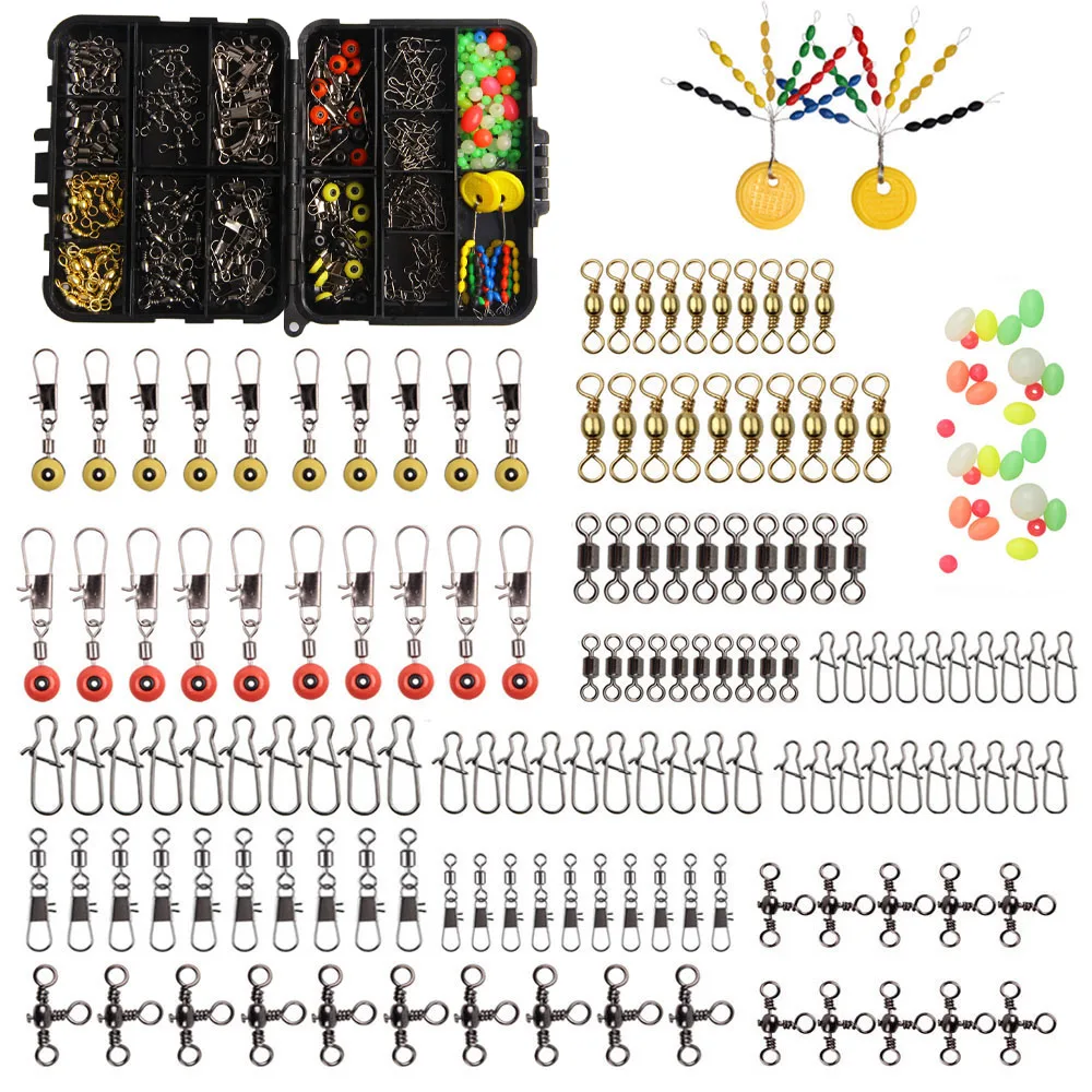 

182pcs fishing connector rolling swivels 3 way barrel swivel snaps float stoppers fishing combo black with fishing tackle box