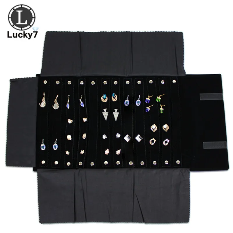 

Portable Black Velvet Jewelry Roll Storage Bag 60 Pairs Earrings Folding Travel Organizer Case Box