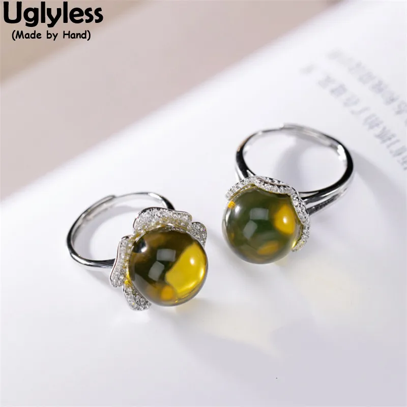 

Uglyless Pretty Natural Amber Rings for Women Zircons Crystals Petals Blooming Flower Rings Luxury Blue Perot Jewelry 925 Silver