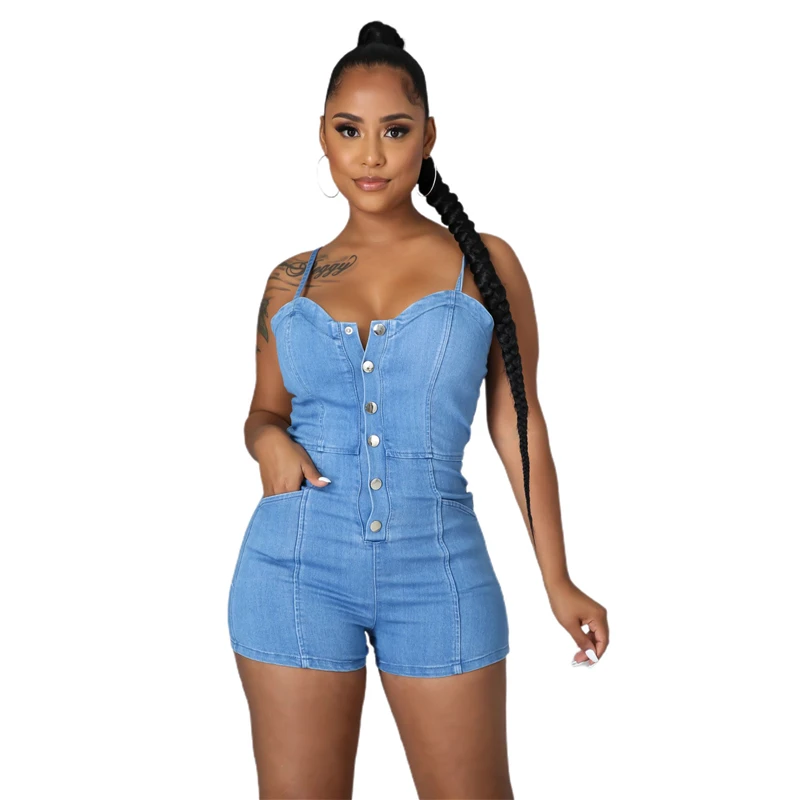 

Sexy Spaghetti Strap Jeans Jumpsuit Denim Playsuit Jump Suit Women 2021 Buttons Elegance Cotton Jeans Woman Ladies Short Rompers