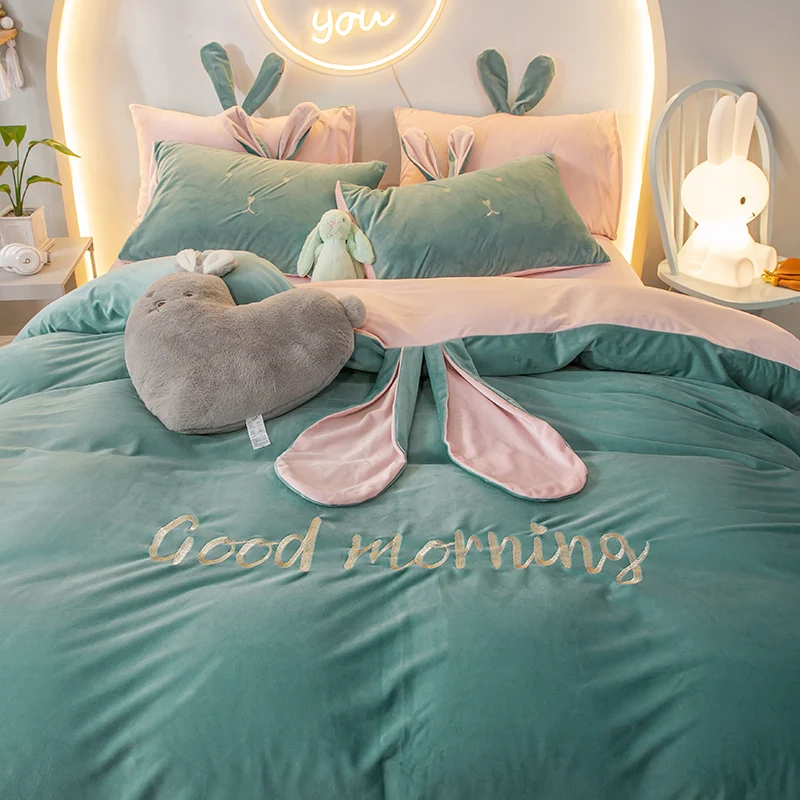 Теплый фланелевый набор постельных принадлежностей с милыми заячьими ушками